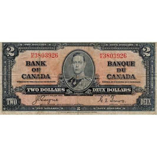 BC-22c 1937 Canada $2 Coyne-Towers, H/R, Fine (F12)