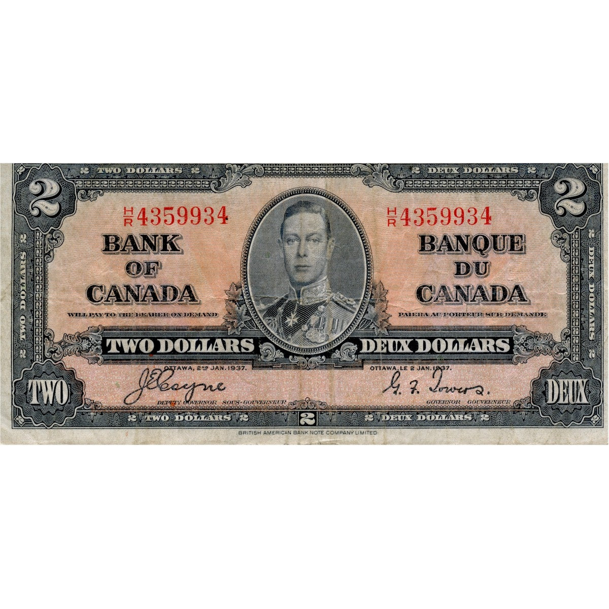 BC-22c 1937 Canada $2 Coyne-Towers, H/R, F-VF (F15)