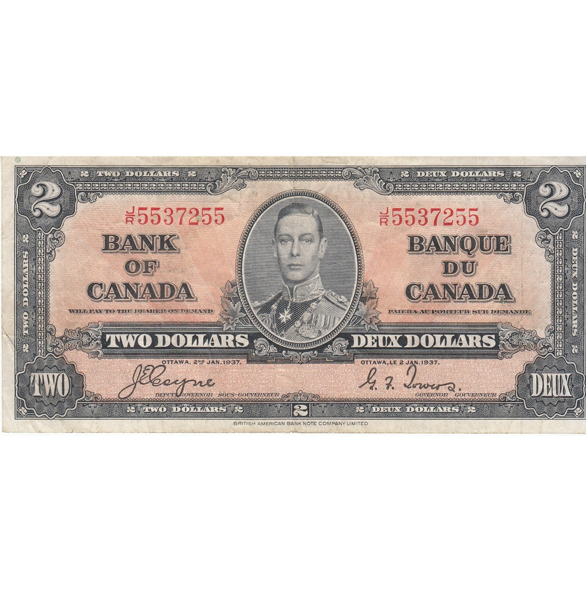 BC-22c 1937 Canada $2 Coyne-Towers, J/R, Very Fine (VF20)