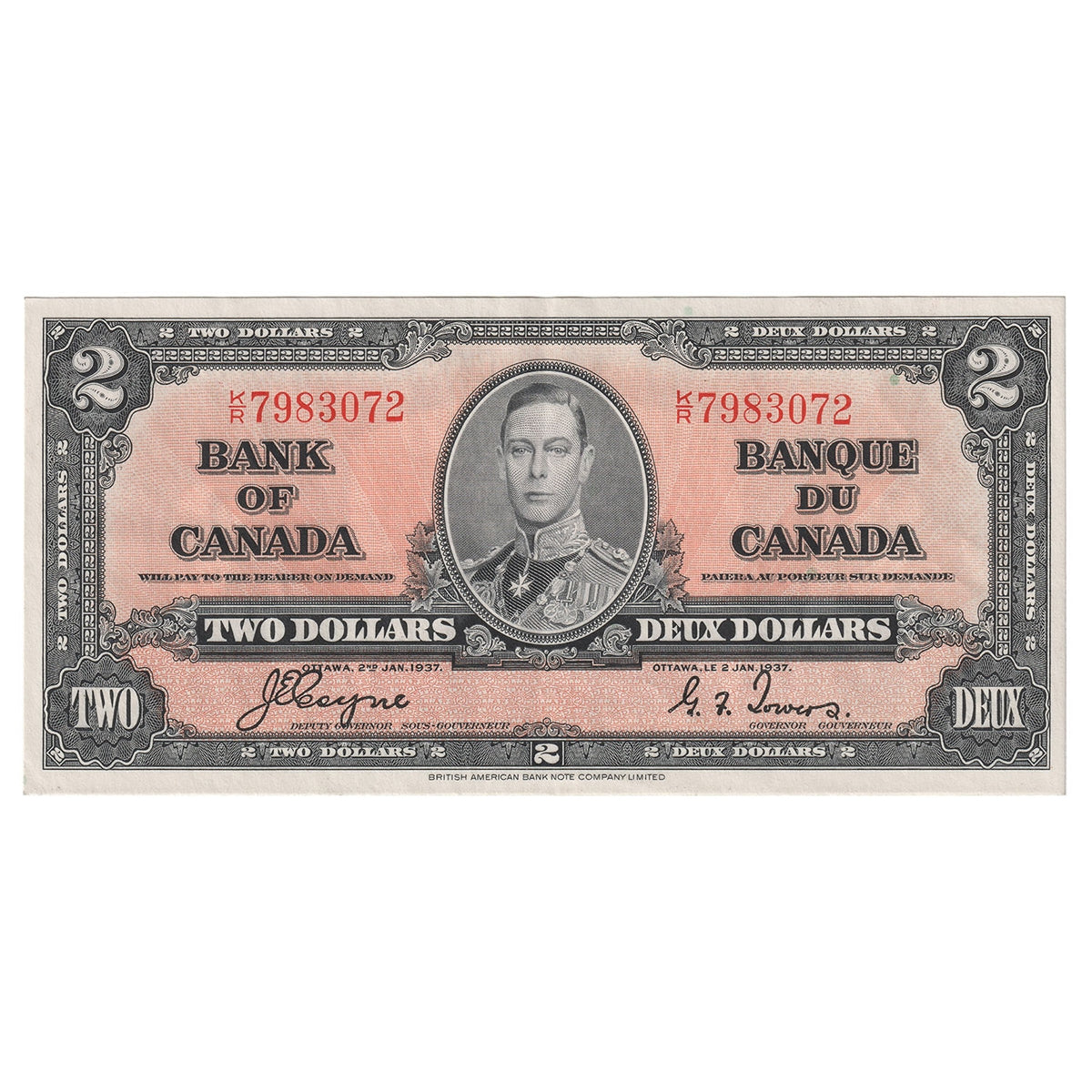 BC-22c 1937 Canada $2 Coyne-Towers, K/R, AU