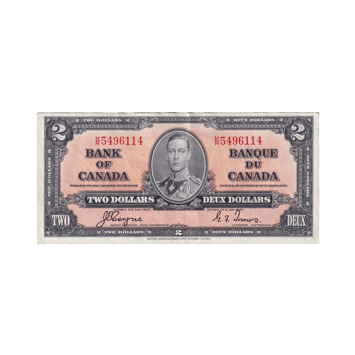 BC-22c 1937 Canada $2 Coyne-Towers, K/R, EF