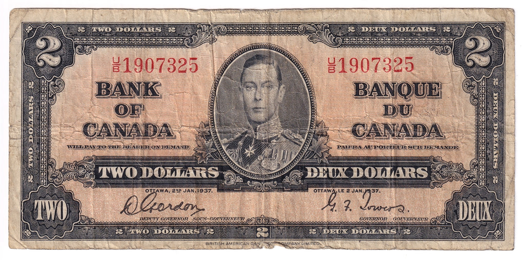 BC-22b 1937 Canada $2 Gordon-Towers, U/B, CIRC