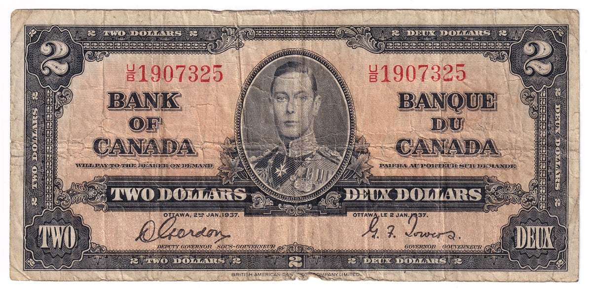 BC-22b 1937 Canada $2 Gordon-Towers, U/B, CIRC