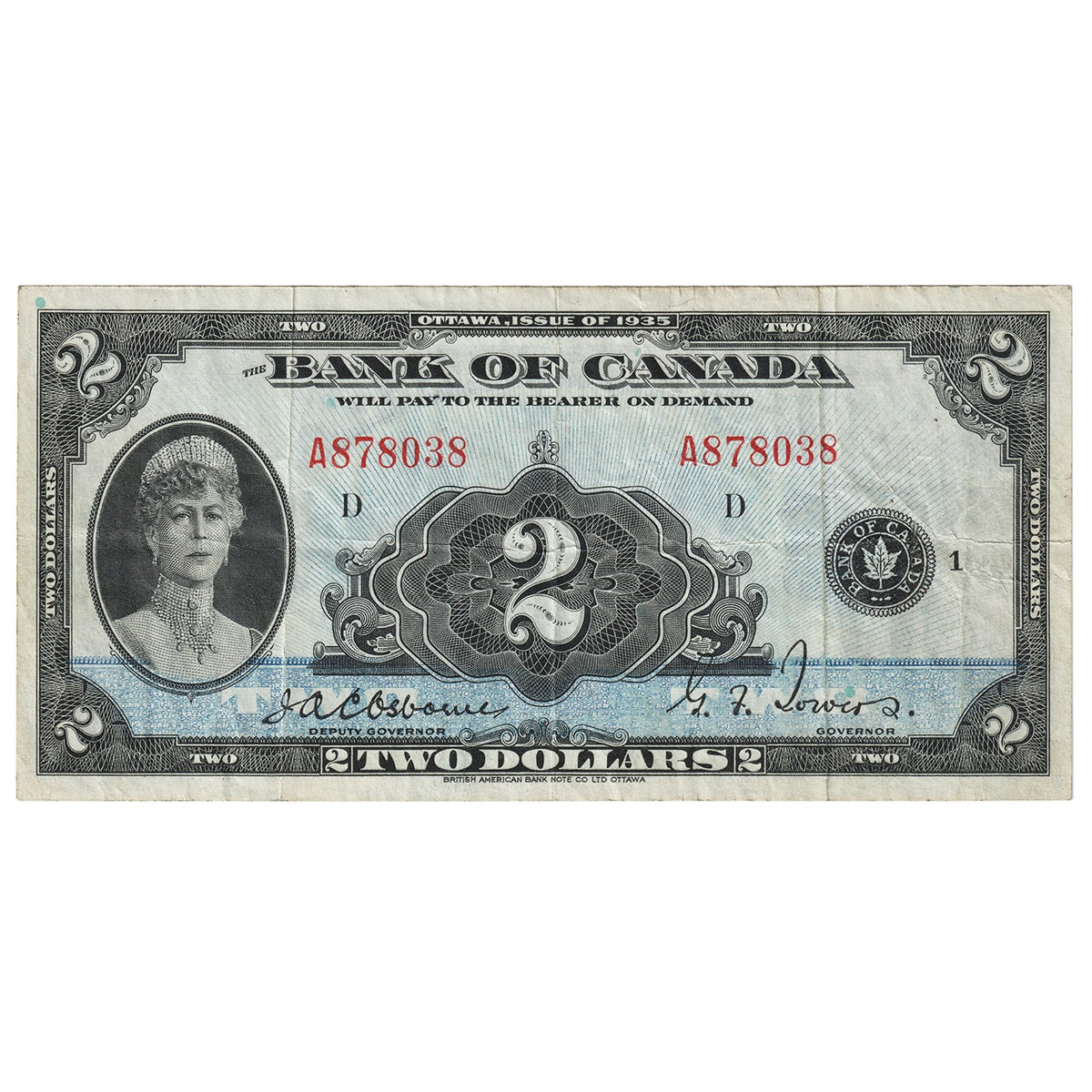 BC-3 1935 Canada $2 Osborne-Towers, English, Series A, VF-EF (VF30)