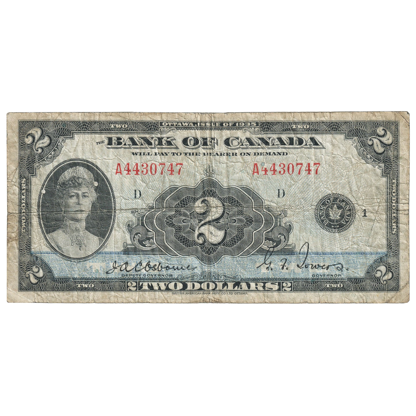 BC-3 1935 Canada $2 Osborne-Towers, English, VG-F