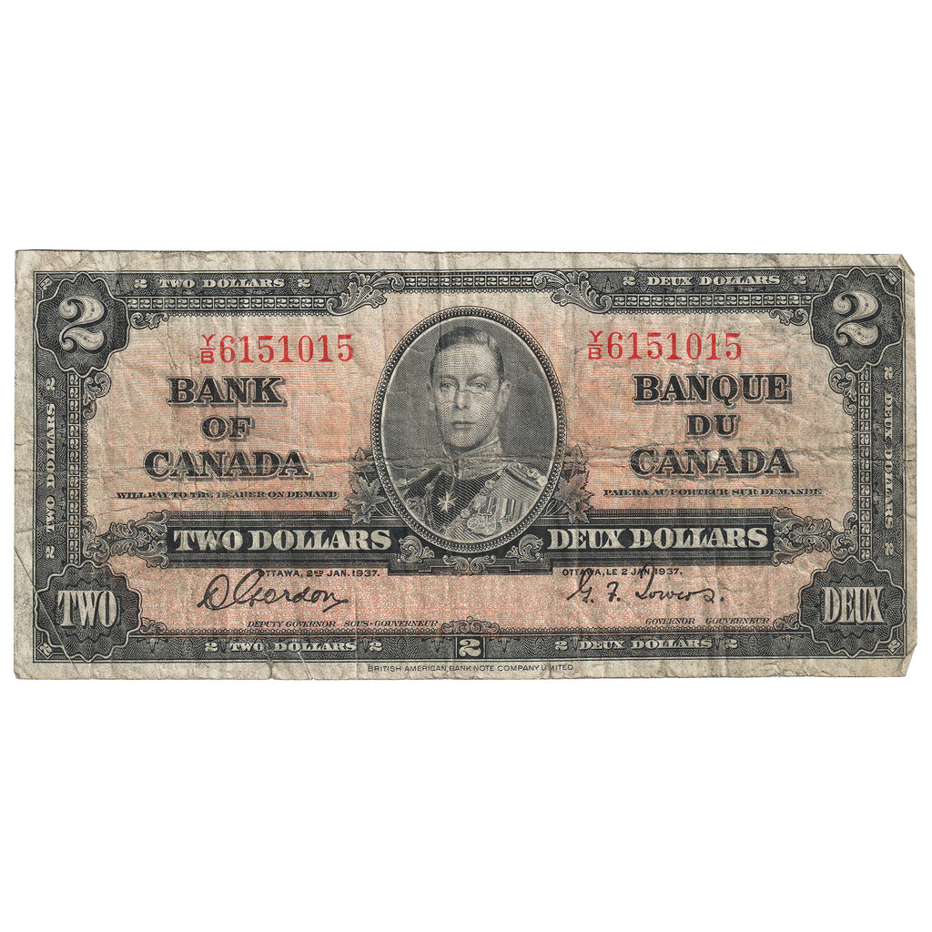 BC-22b 1937 Canada $2 Gordon-Towers, Y/B, CIRC