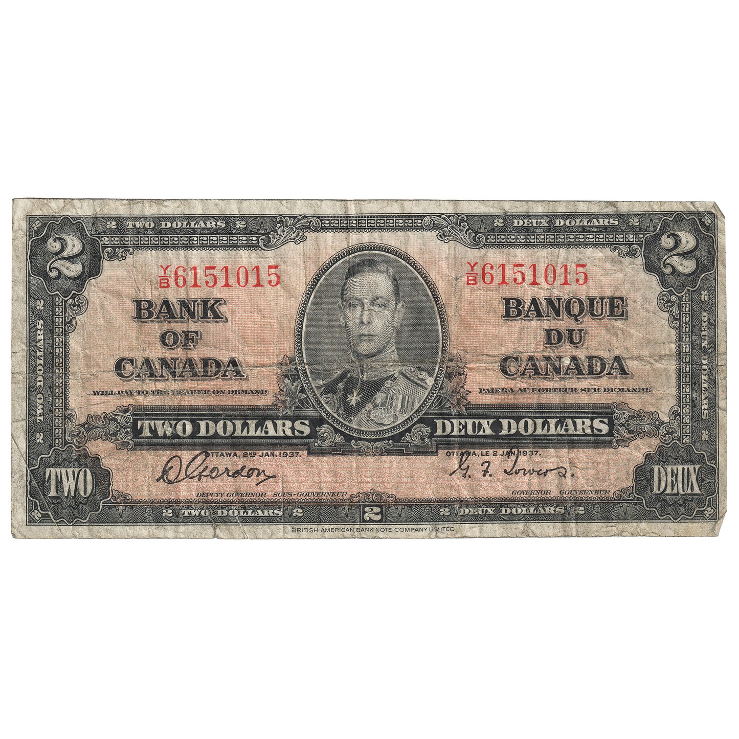 BC-22b 1937 Canada $2 Gordon-Towers, Y/B, CIRC