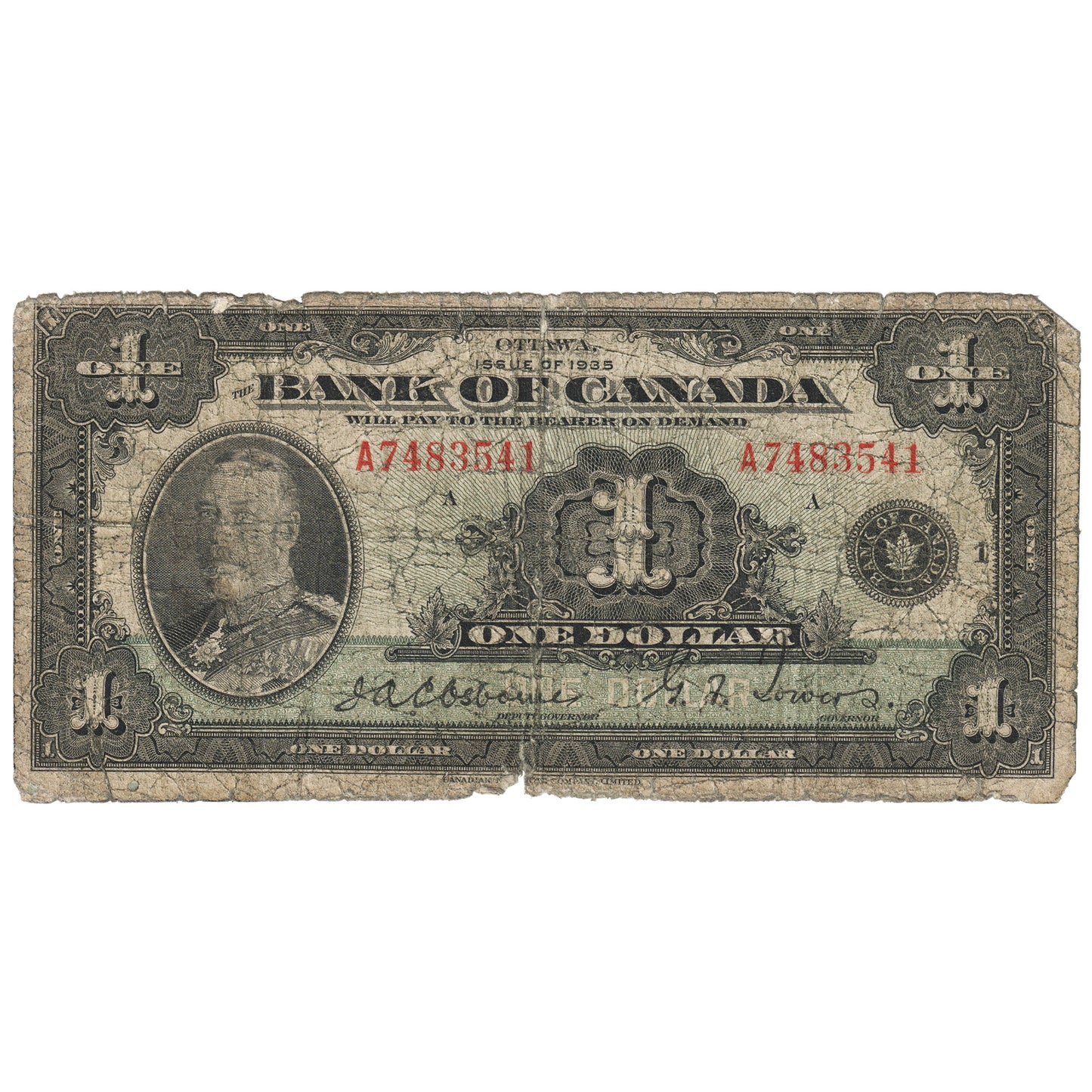 BC-1 1935 Canada $1 Osborne-Towers, English, Series A, Circulated