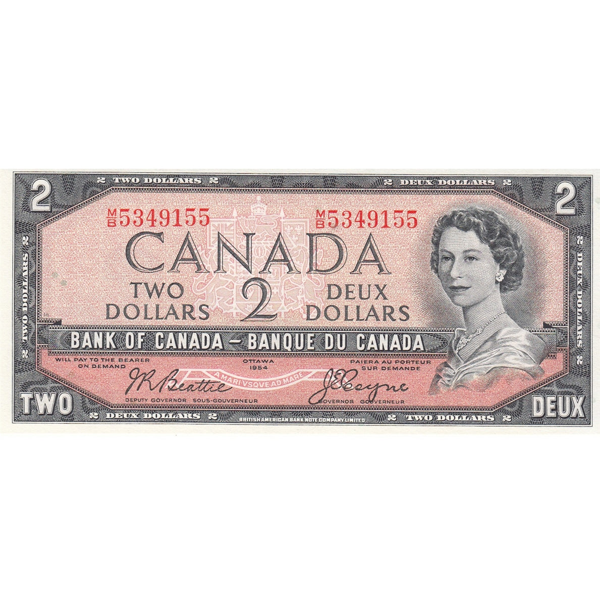 BC-38a 1954 Canada $2 Beattie-Coyne, M/B, Choice Uncirculated (CUNC63)