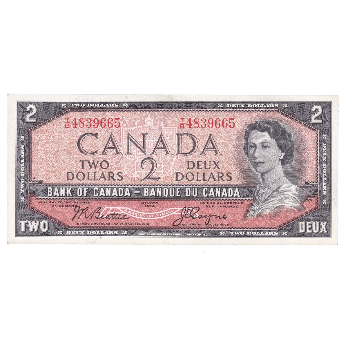 BC-38a 1954 Canada $2 Beattie-Coyne, T/B, Almost Uncirculated (AU50)