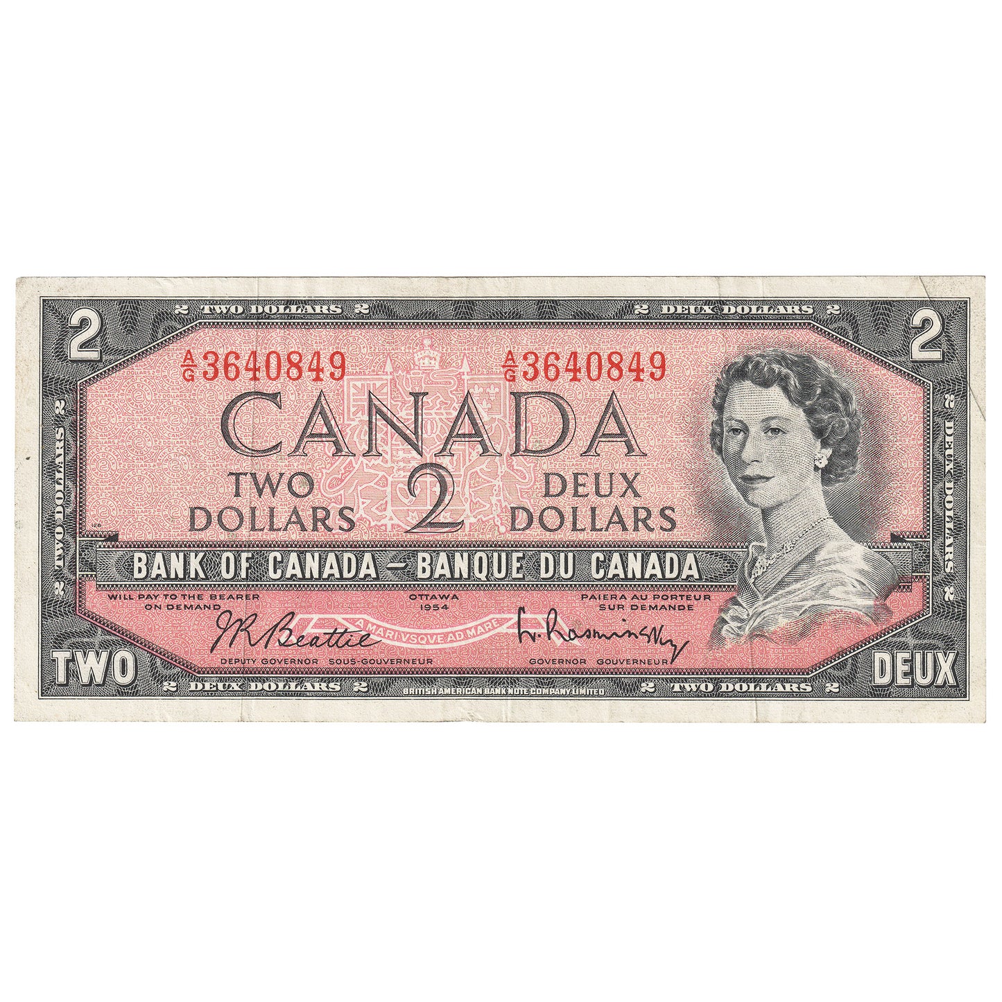 BC-38b 1954 Canada $2 Beattie-Rasminsky, A/G, VF-EF (VF30)