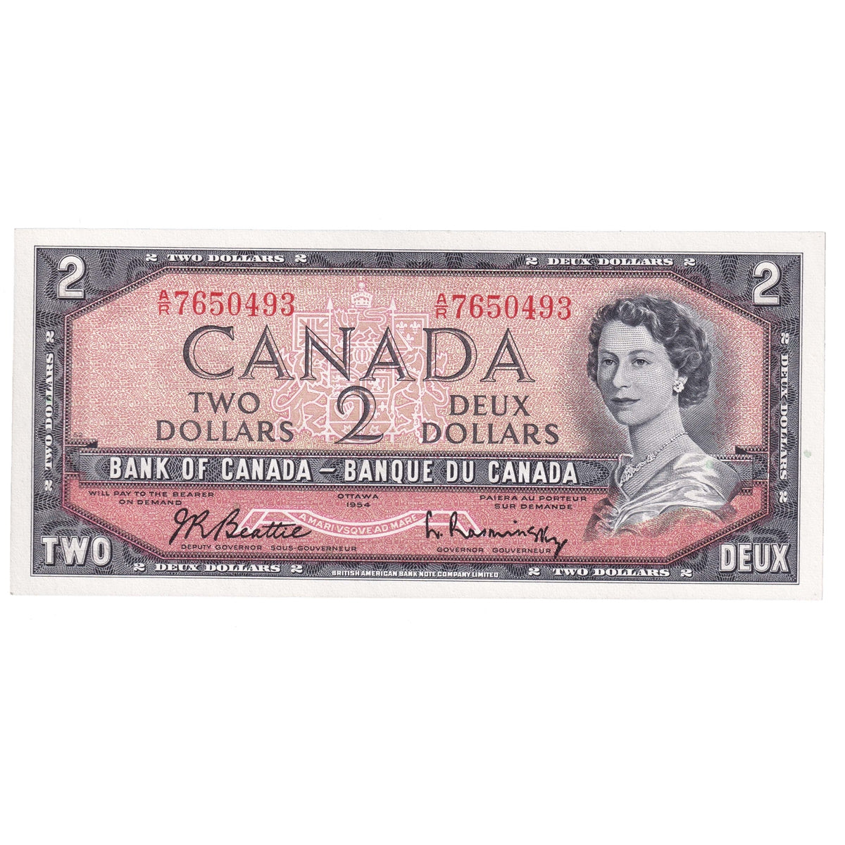 BC-38b 1954 Canada $2 Beattie-Rasminsky, A/R, Choice Uncirculated (CUNC63)