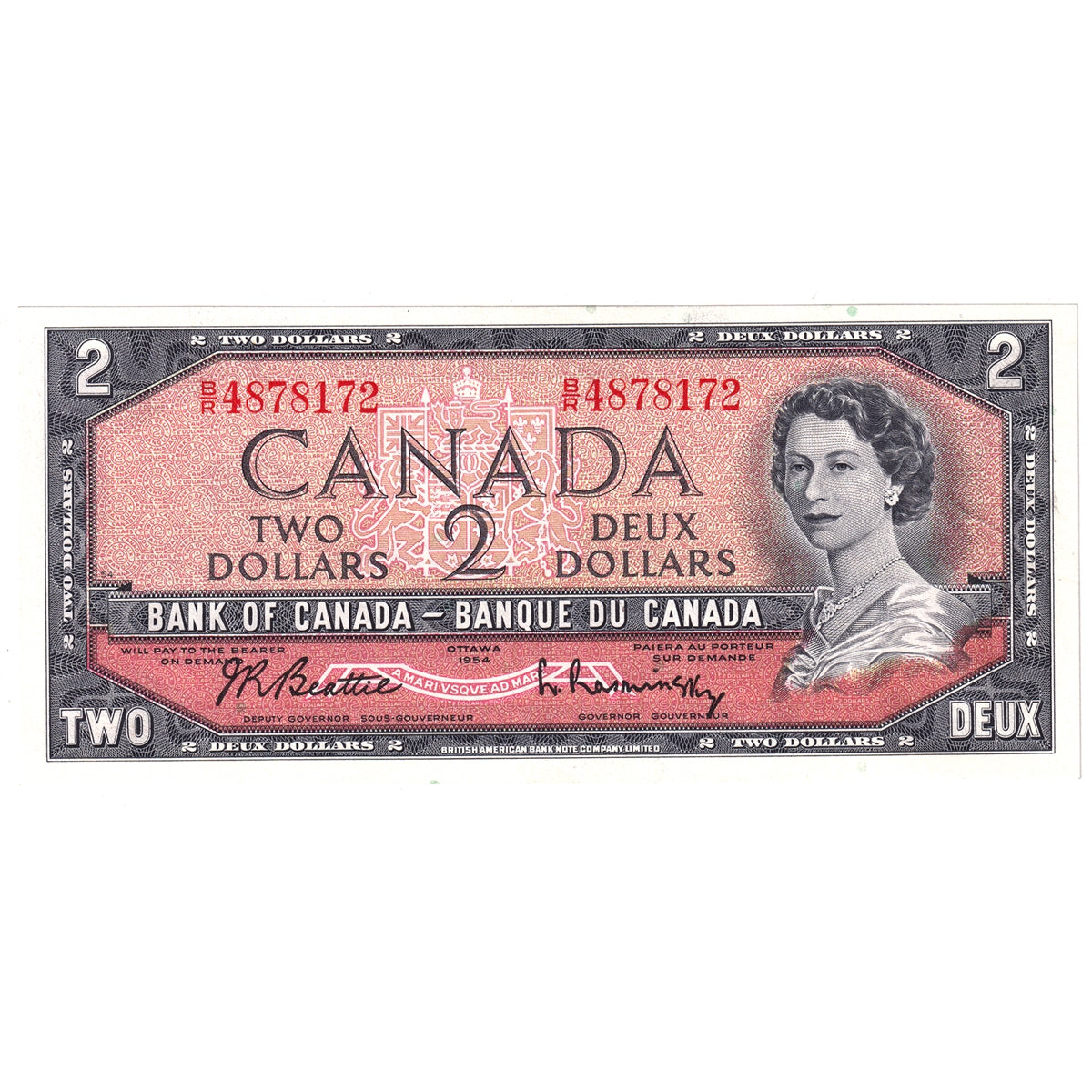 BC-38b 1954 Canada $2 Beattie-Rasminsky, B/R, Uncirculated (MS60)