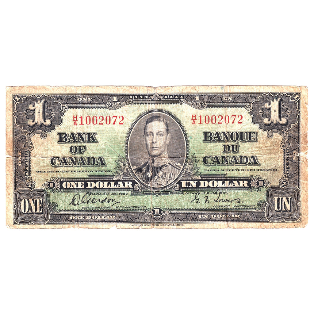BC-21b 1937 Canada $1 Gordon-Towers, Narrow Panel, H/A, Circ