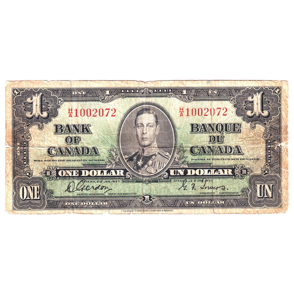 BC-21b 1937 Canada $1 Gordon-Towers, Narrow Panel, H/A, Circ