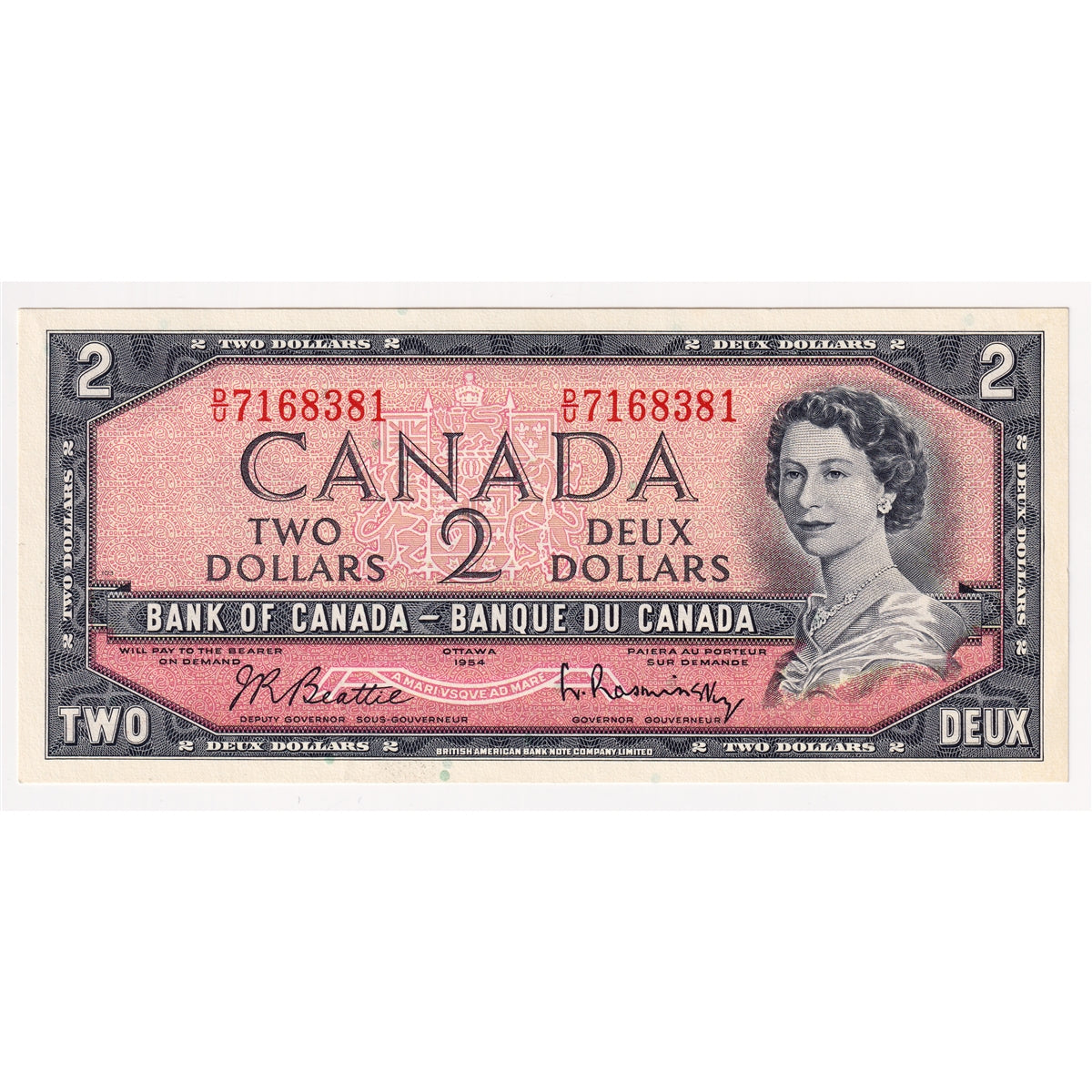 BC-38b 1954 Canada $2 Beattie-Rasminsky, D/U, AU-UNC (AU55)
