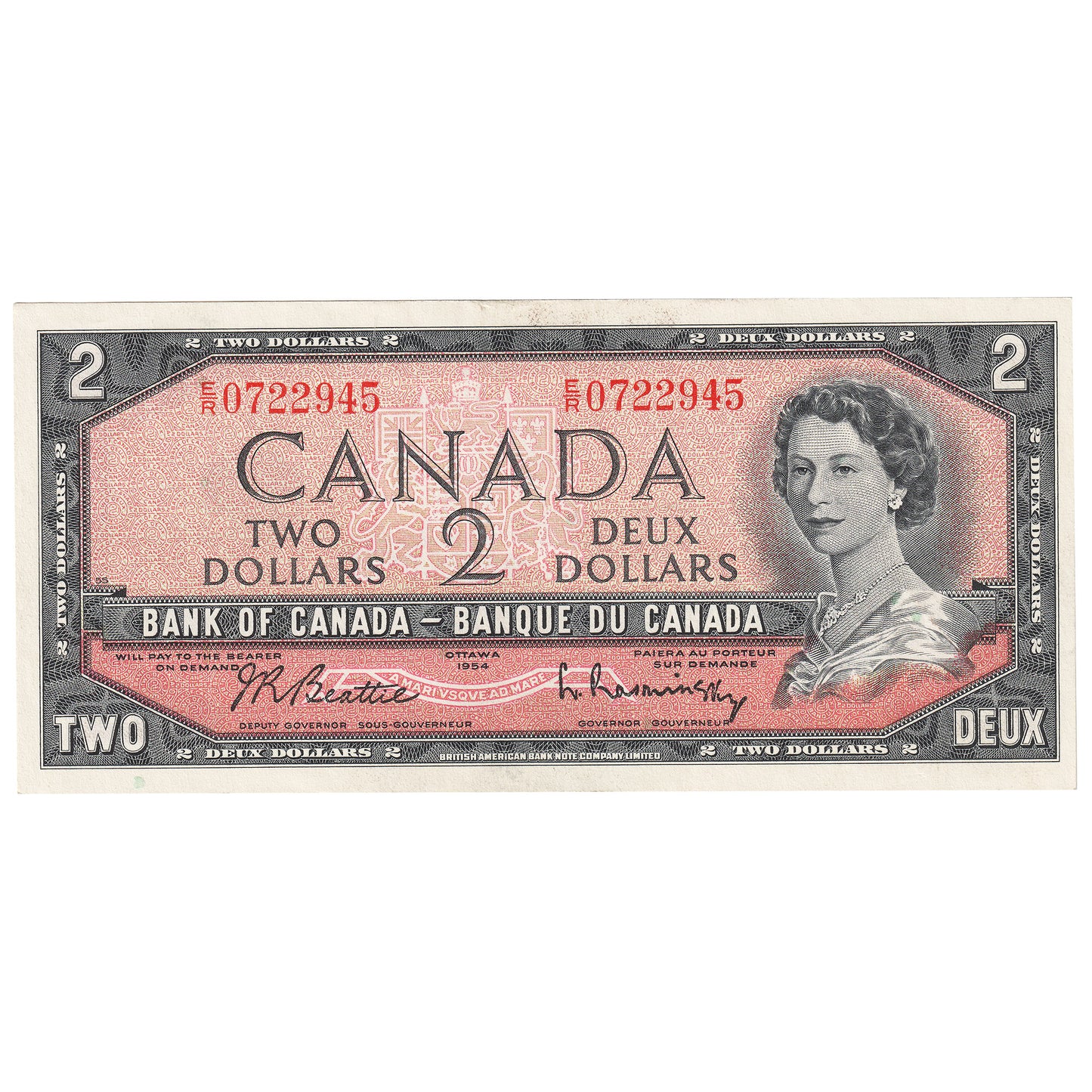 BC-38b 1954 Canada $2 Beattie-Rasminsky, E/R, AU-UNC (AU55)