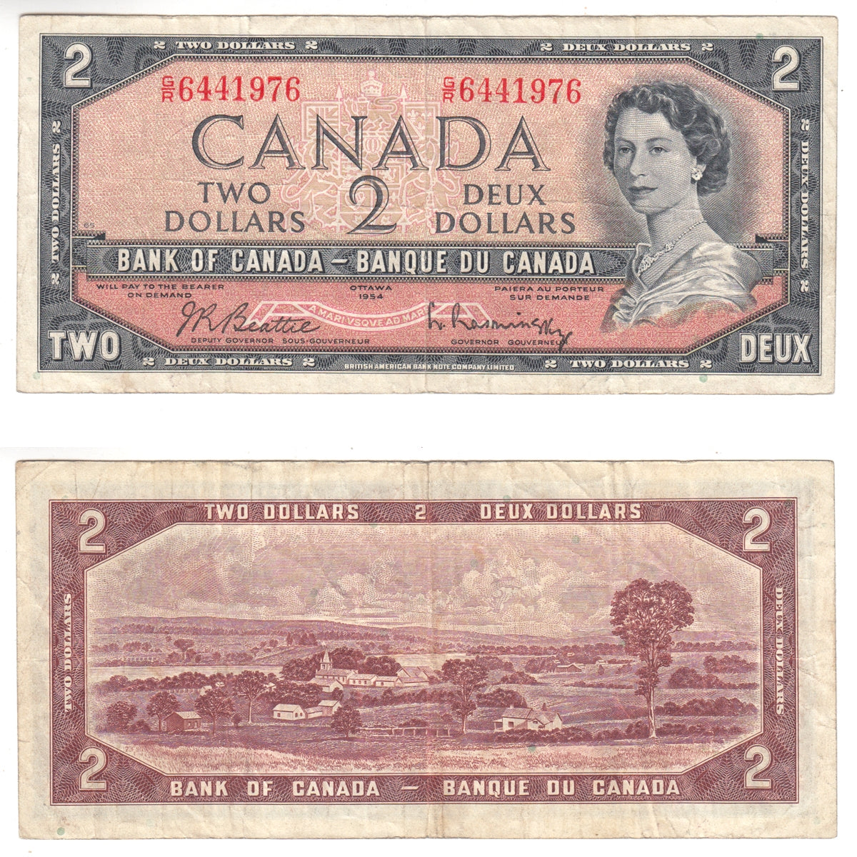 BC-38b 1954 Canada $2 Beattie-Rasminsky, G/R, F-VF (F15)