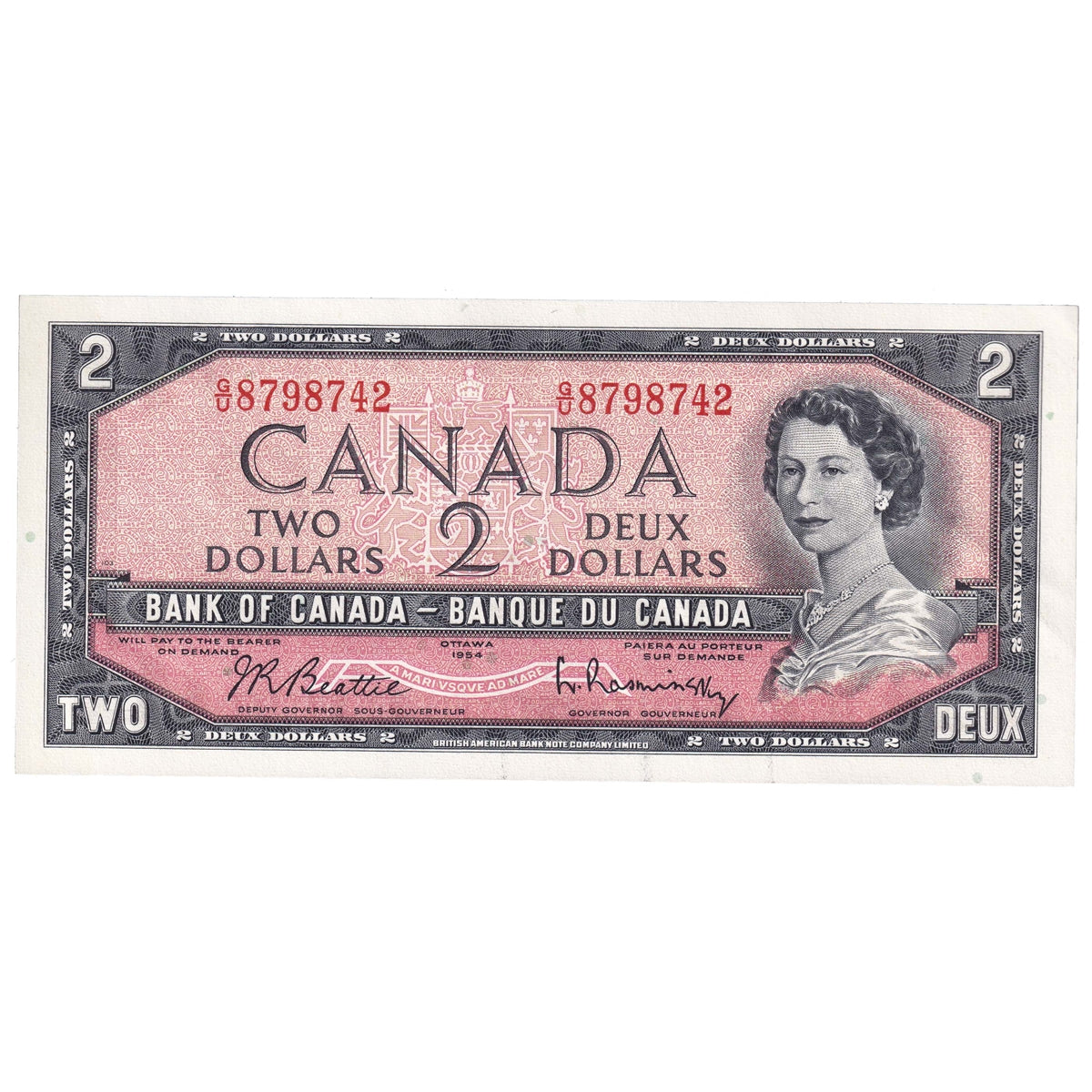 BC-38b 1954 Canada $2 Beattie-Rasminsky, G/U, Choice Uncirculated (CUNC63)