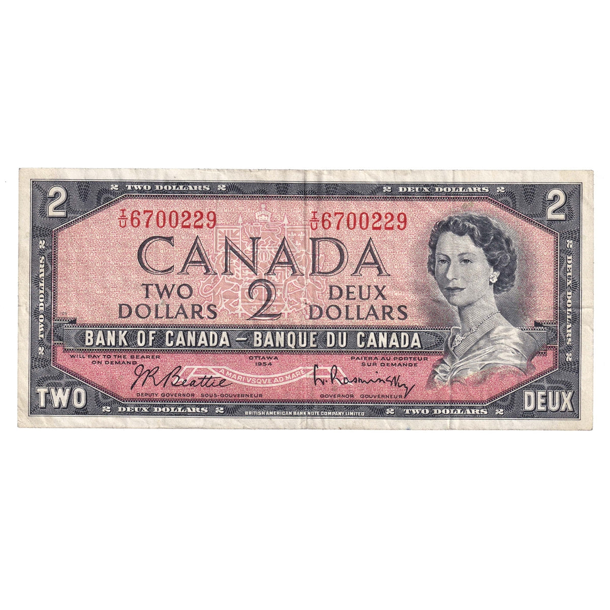 BC-38b 1954 Canada $2 Beattie-Rasminsky, I/U, CIRC