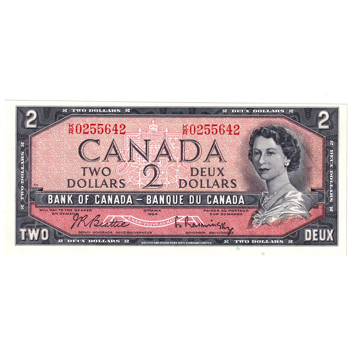 BC-38b 1954 Canada $2 Beattie-Rasminsky, K/R, Uncirculated (MS60)
