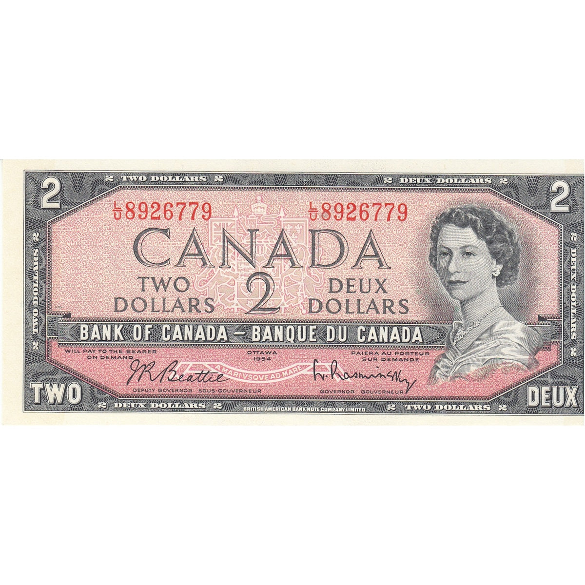 BC-38b 1954 Canada $2 Beattie-Rasminsky, L/U, Choice Uncirculated (CUNC63)