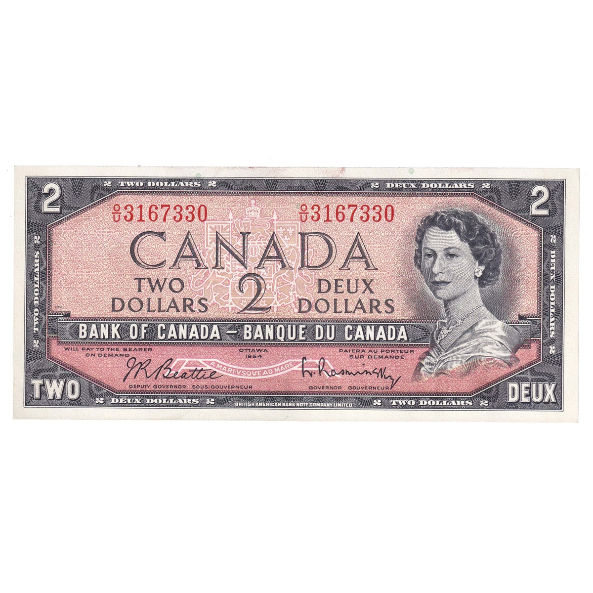 BC-38b 1954 Canada $2 Beattie-Rasminsky, O/U, AU-UNC (AU55)