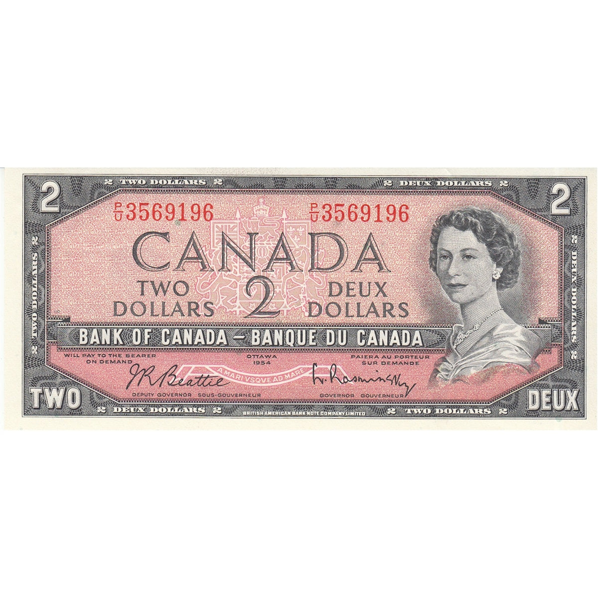BC-38b 1954 Canada $2 Beattie-Rasminsky, P/U, AU-UNC (AU55)