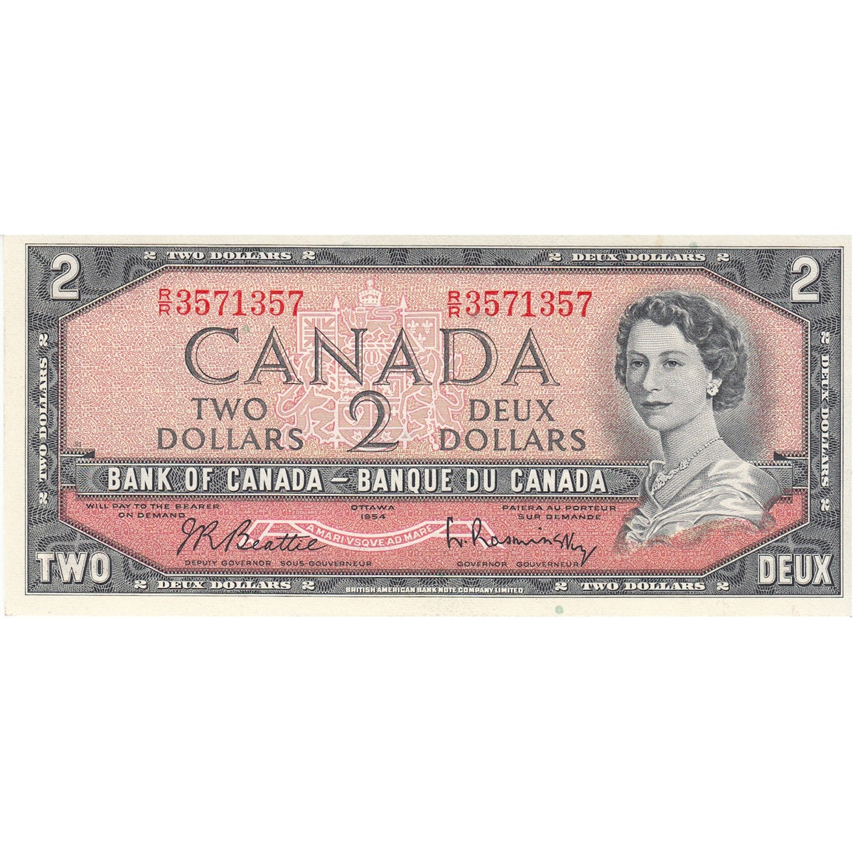 BC-38b 1954 Canada $2 Beattie-Rasminsky, R/R, Choice Uncirculated (CUNC63)
