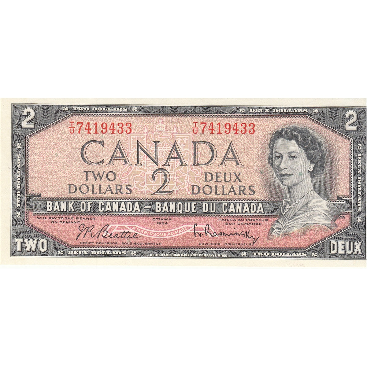 BC-38b 1954 Canada $2 Beattie-Rasminsky, T/U, Uncirculated (MS60)
