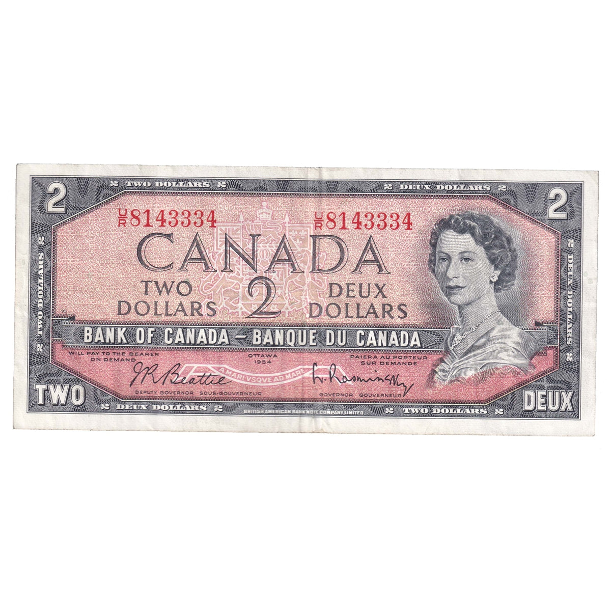 BC-38b 1954 Canada $2 Beattie-Rasminsky, U/R, CIRC