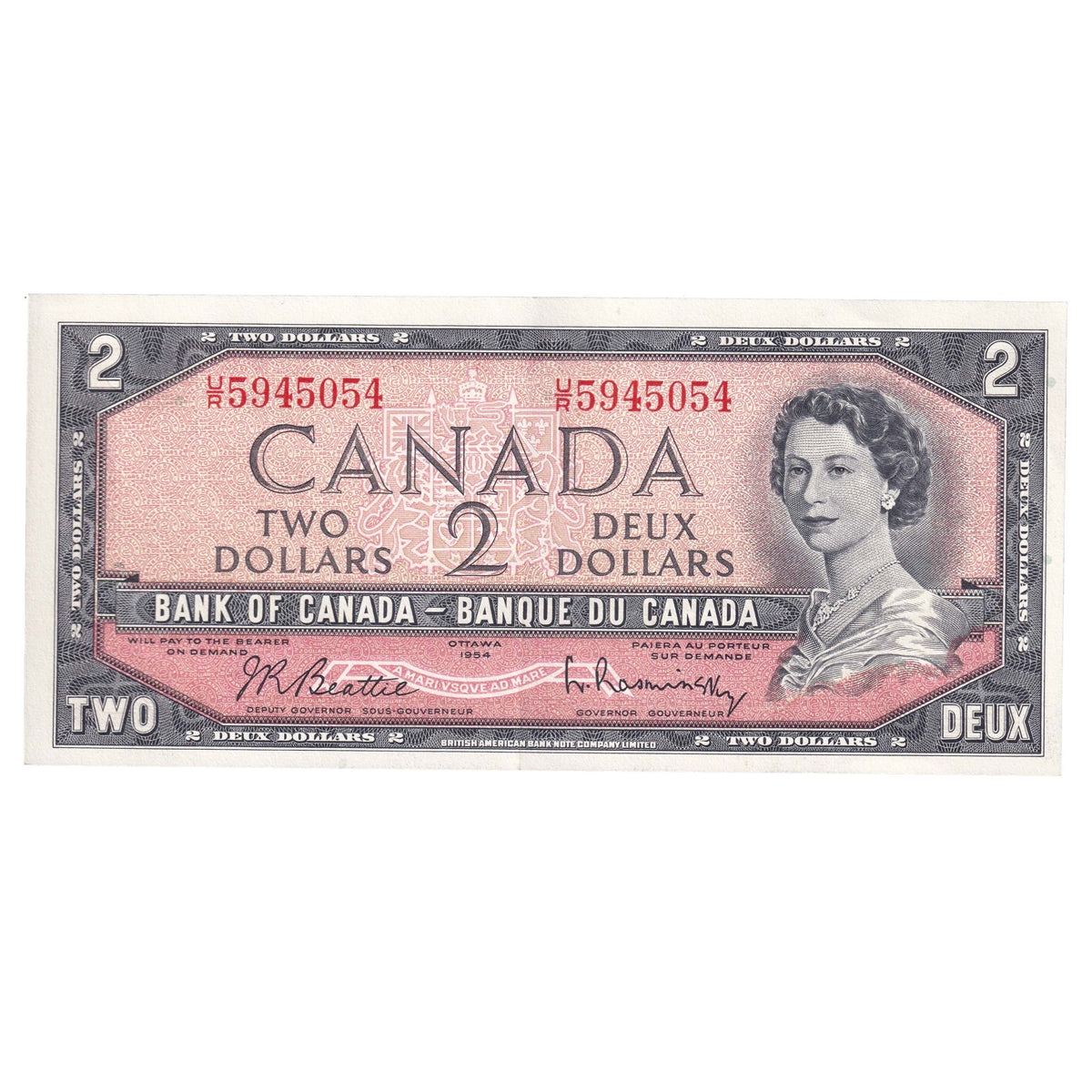 BC-38b 1954 Canada $2 Beattie-Rasminsky, U/R, EF-AU (EF45)