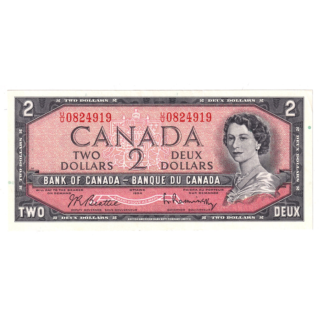 BC-38b 1954 Canada $2 Beattie-Rasminsky, U/U, Almost Uncirculated (AU50)