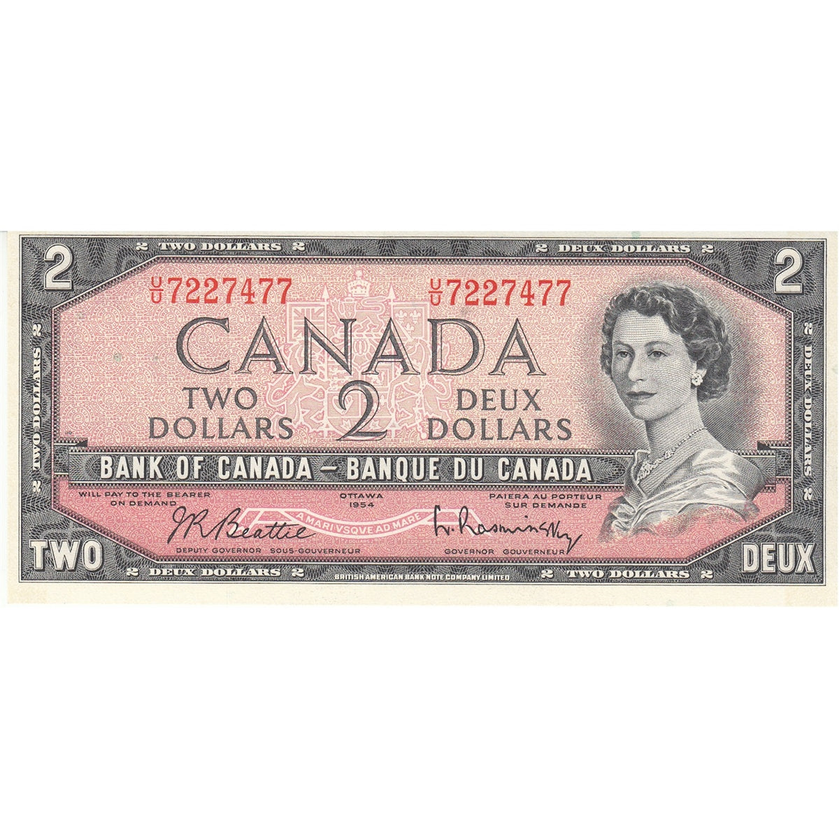BC-38b 1954 Canada $2 Beattie-Rasminsky, U/U, Uncirculated (MS60)