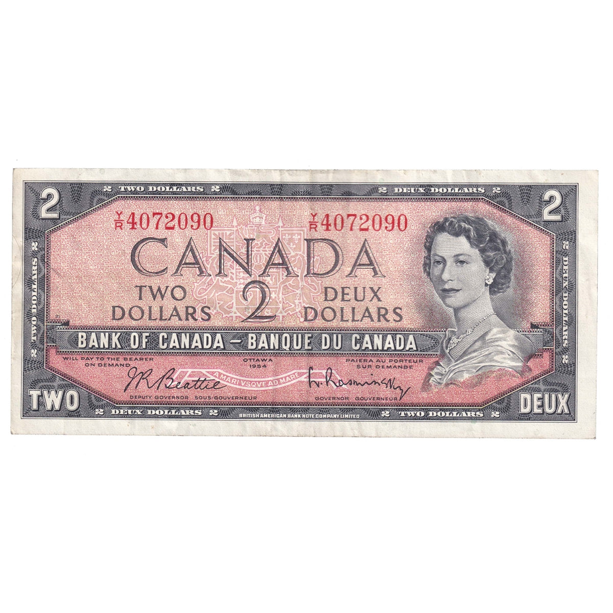 BC-38b 1954 Canada $2 Beattie-Rasminsky, Y/R, CIRC