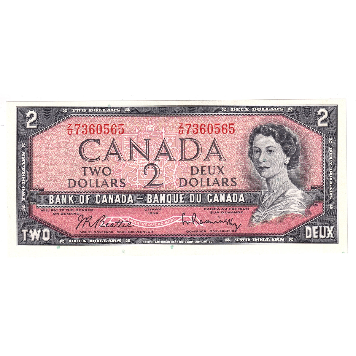BC-38b 1954 Canada $2 Beattie-Rasminsky, Z/U, Choice Uncirculated (CUNC63)