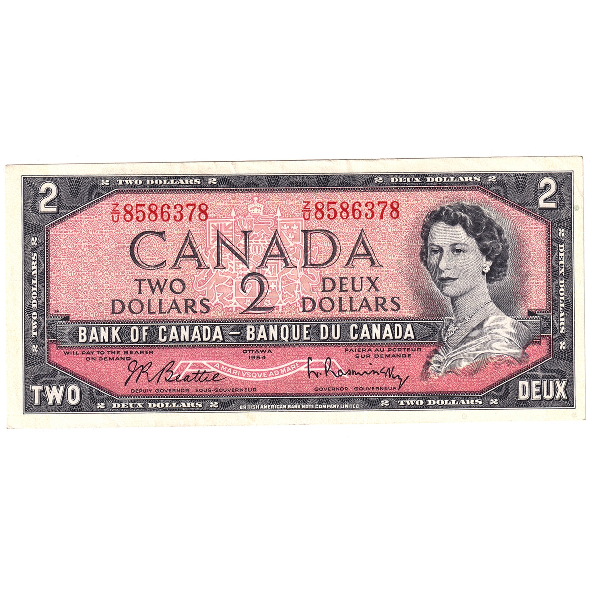 BC-38b 1954 Canada $2 Beattie-Rasminsky, Z/U, EF-AU (EF45)
