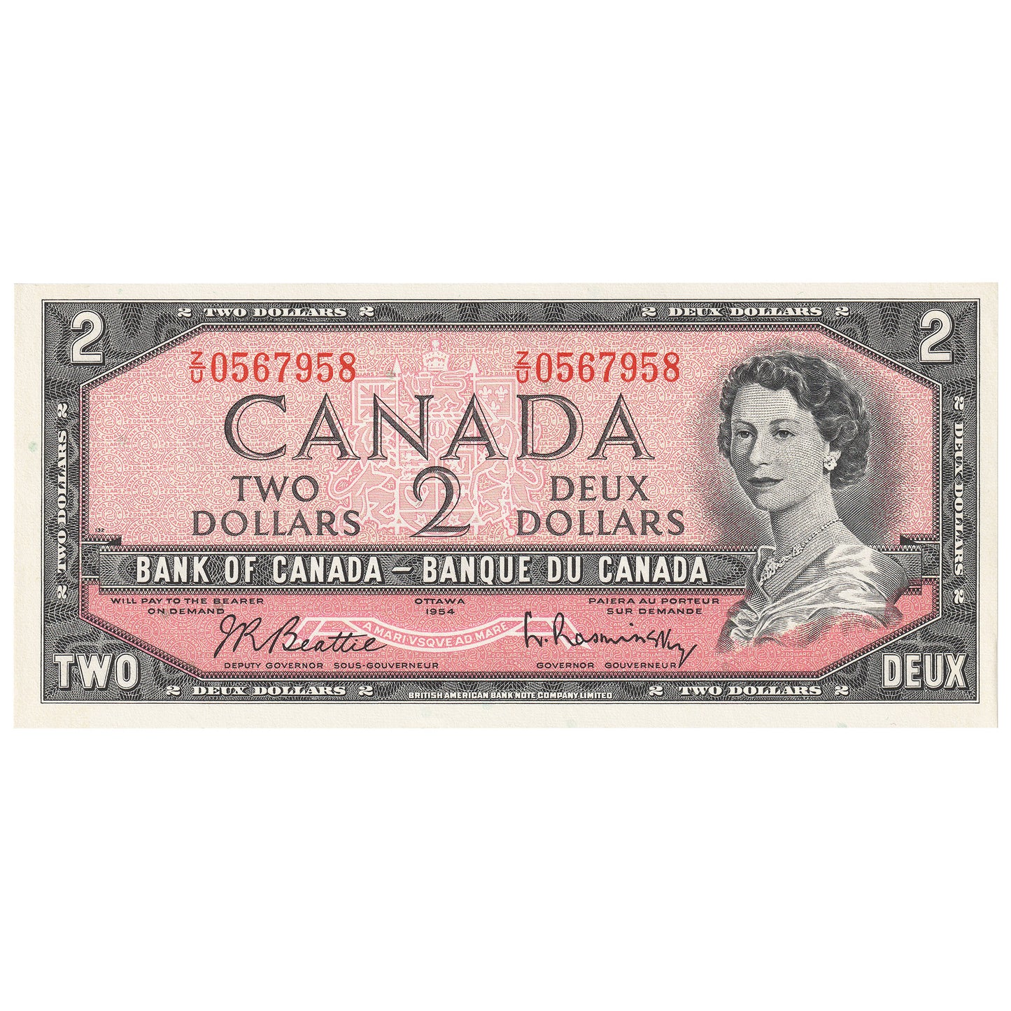BC-38b 1954 Canada $2 Beattie-Rasminsky, Z/U, Uncirculated (MS60)