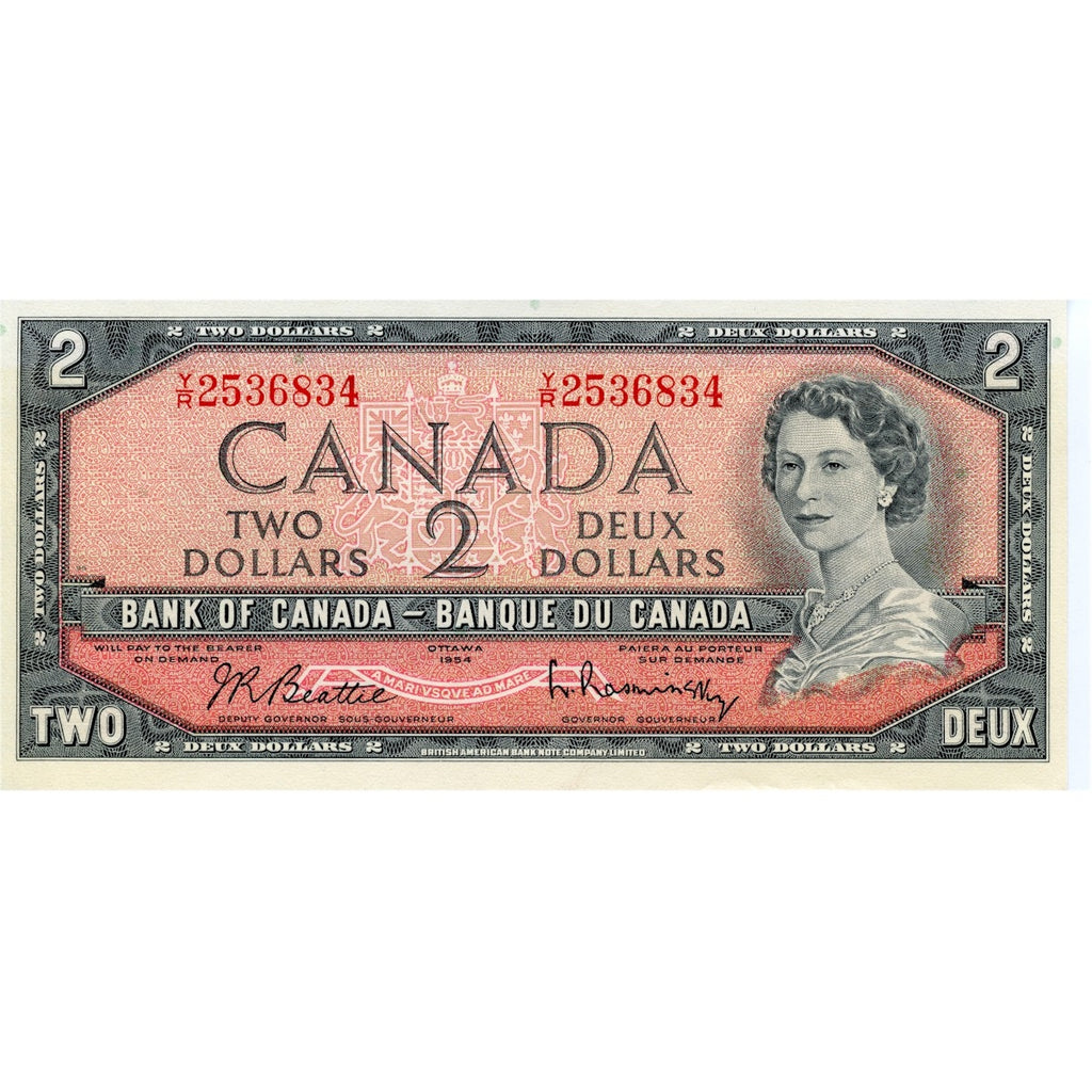 BC-38b 1954 Canada $2 Beattie-Rasminsky, Y/R, Almost Uncirculated (AU50)