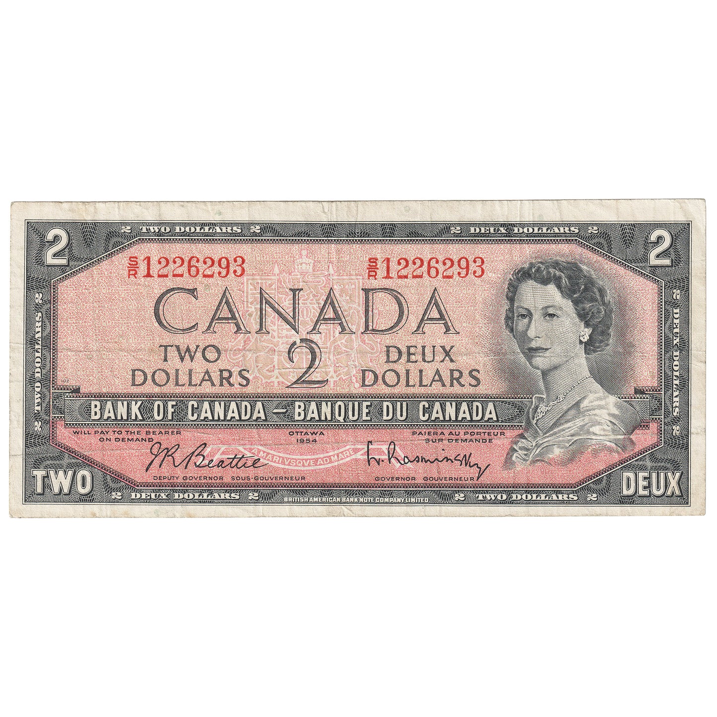 BC-38bT 1954 Canada $2 Beattie-Rasminsky, S/R, Test Note, F-VF (F15)