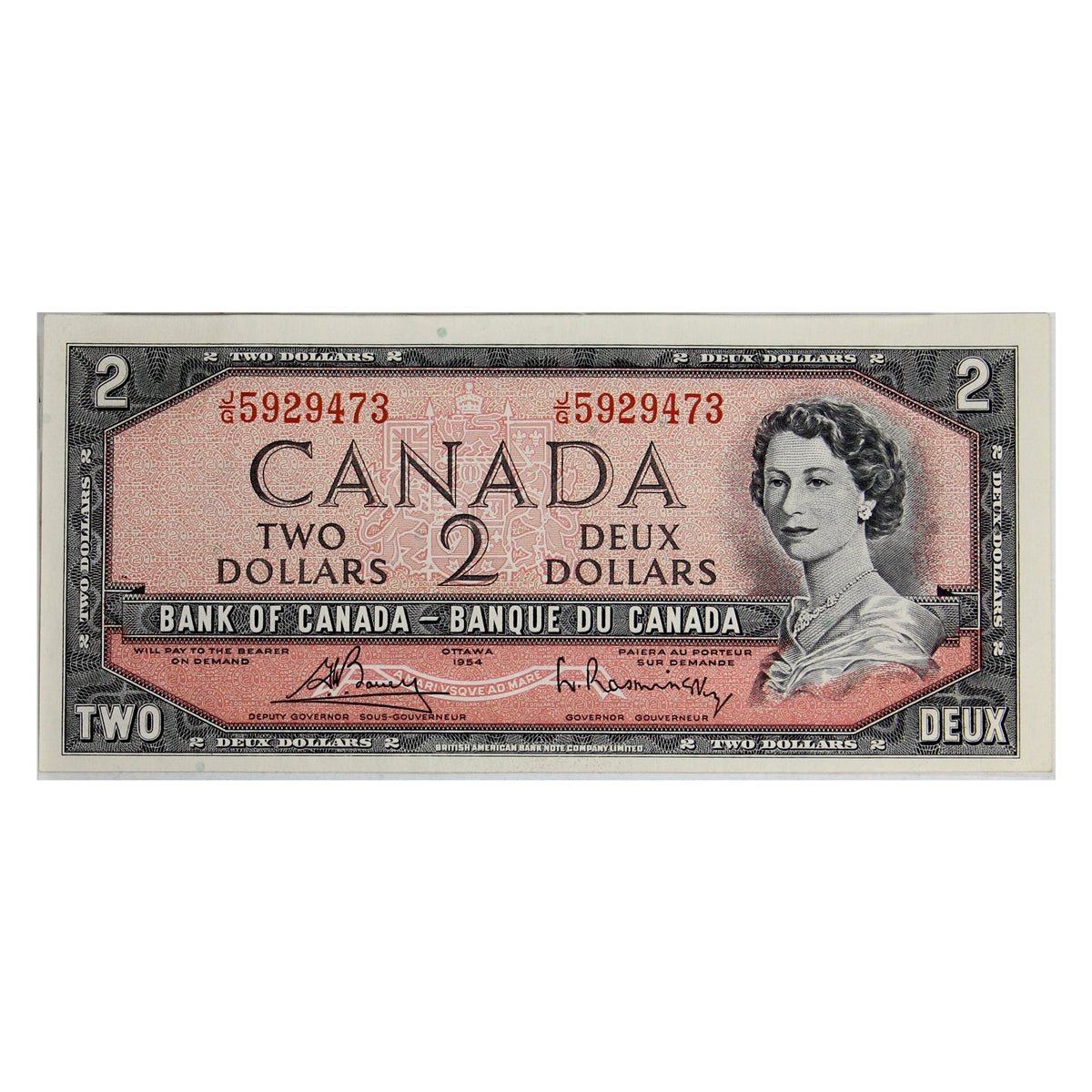 BC-38c 1954 Canada $2 Bouey-Rasminsky, J/G, Almost Uncirculated (AU50)
