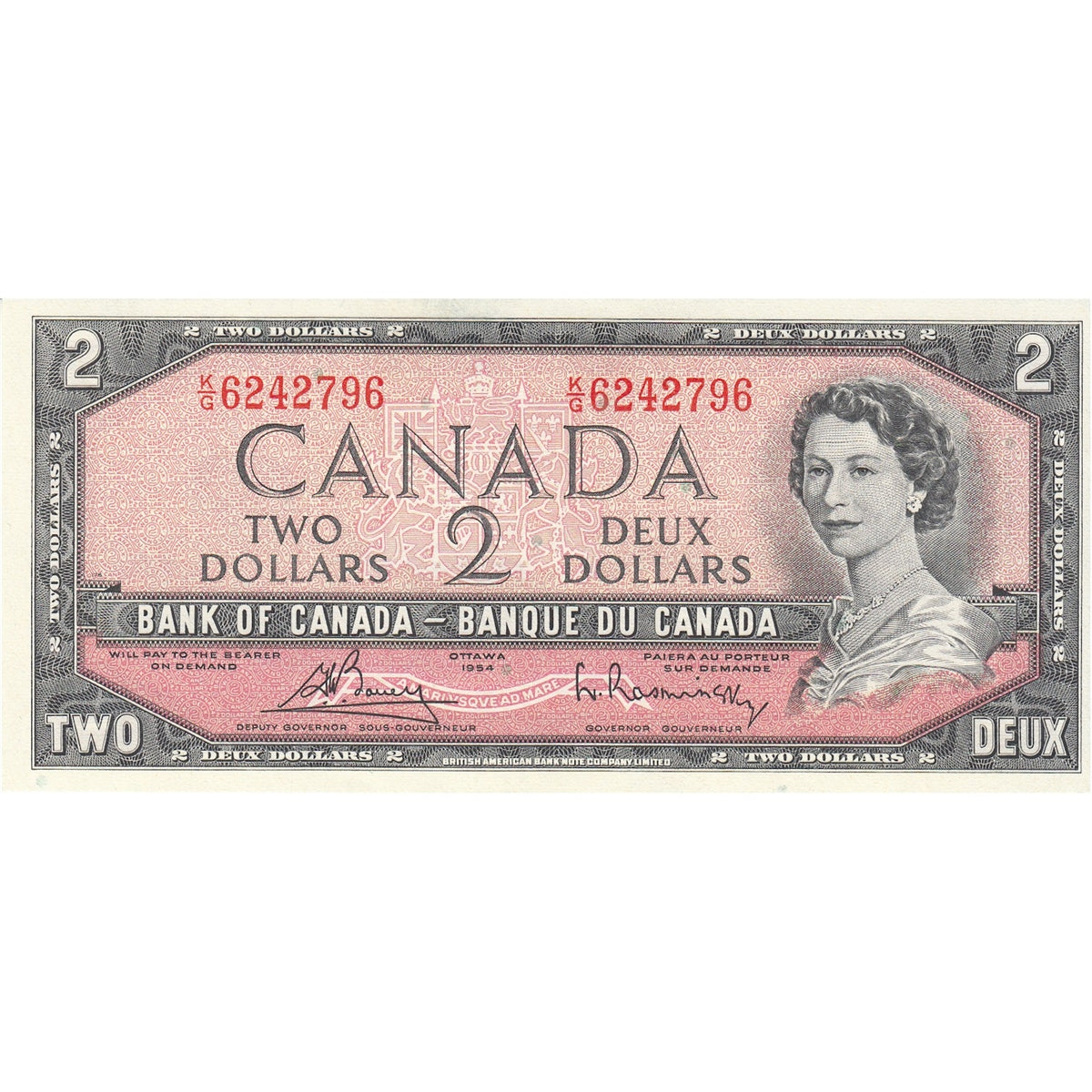 BC-38c 1954 Canada $2 Bouey-Rasminsky, K/G, Almost Uncirculated (AU50)
