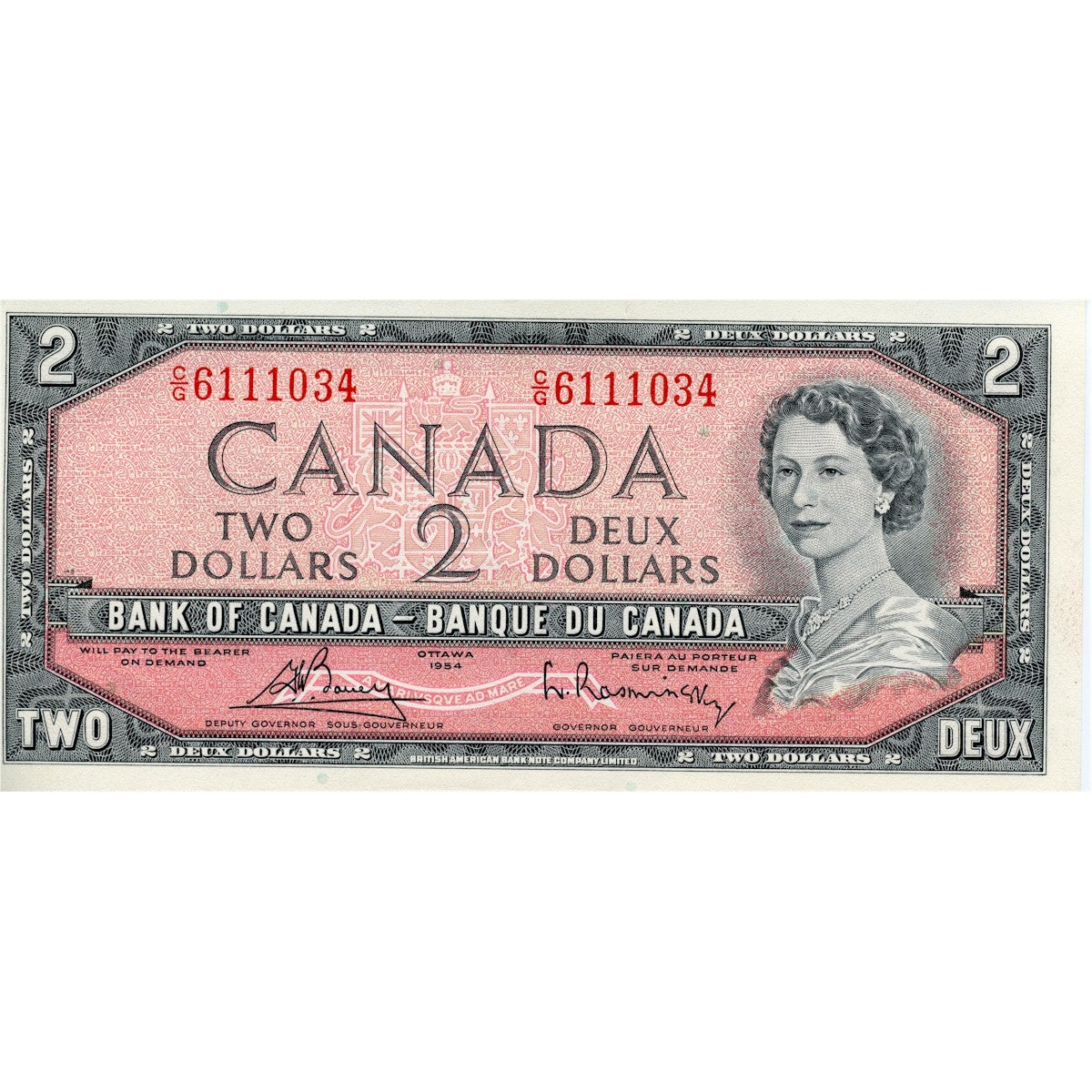 BC-38c 1954 Canada $2 Bouey-Rasminsky, C/G, AU-UNC (AU55)