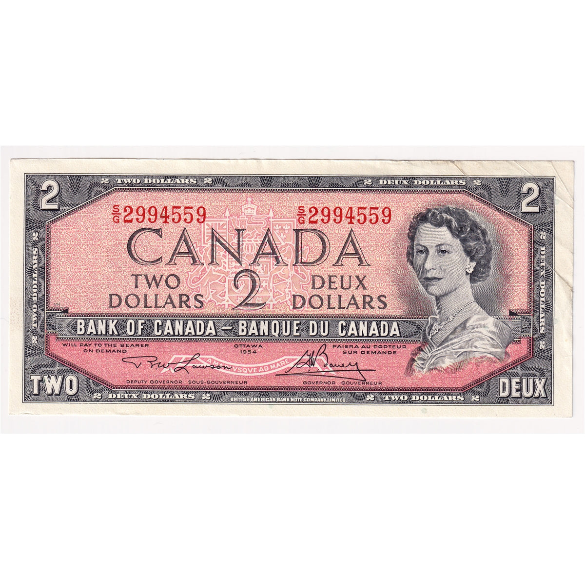 BC-38d 1954 Canada $2 Lawson-Bouey, S/G, Almost Uncirculated (AU50)
