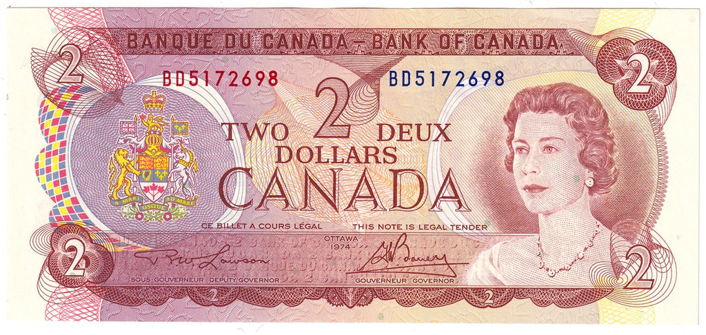 BC-47a 1974 Canada $2 Lawson-Bouey, BD, AU-UNC (AU55)