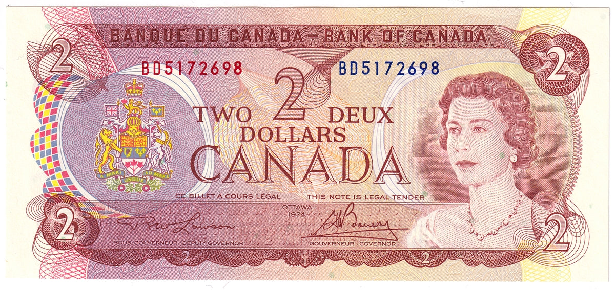 BC-47a 1974 Canada $2 Lawson-Bouey, BD, AU-UNC (AU55)