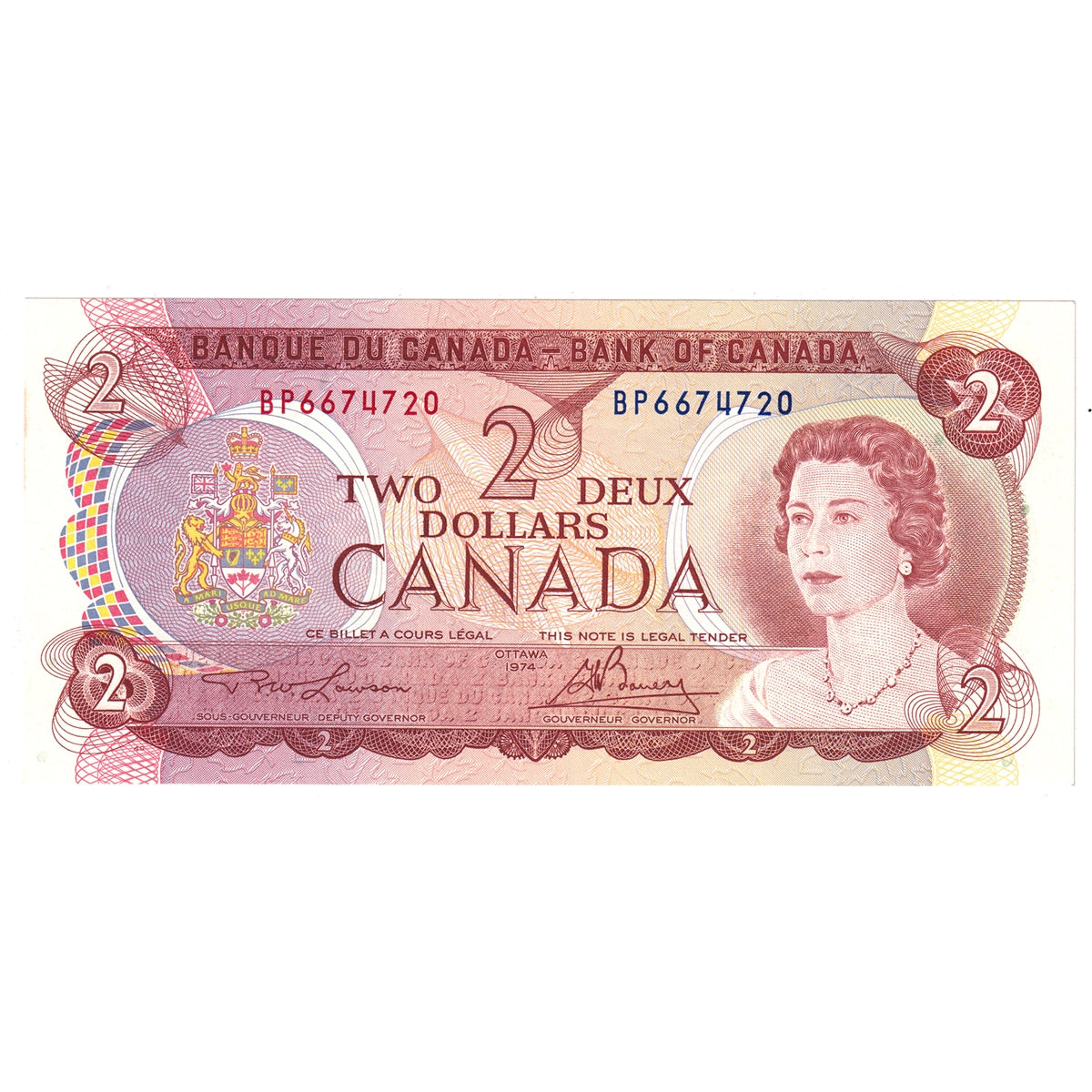BC-47a 1974 Canada $2 Lawson-Bouey, BP, Modified Tint, Choice Uncirculated (CUNC63)