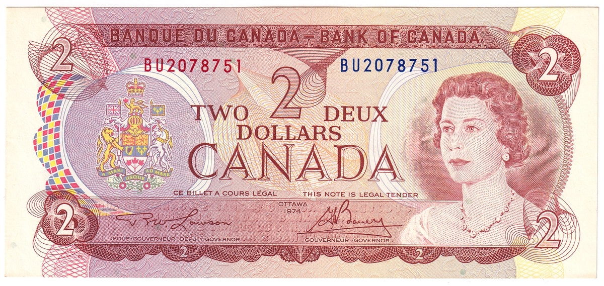 BC-47a 1974 Canada $2 Lawson-Bouey, BU, AU-UNC (AU55)