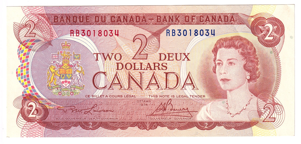 BC-47a 1974 Canada $2 Lawson-Bouey, RB, Almost Uncirculated (AU50)