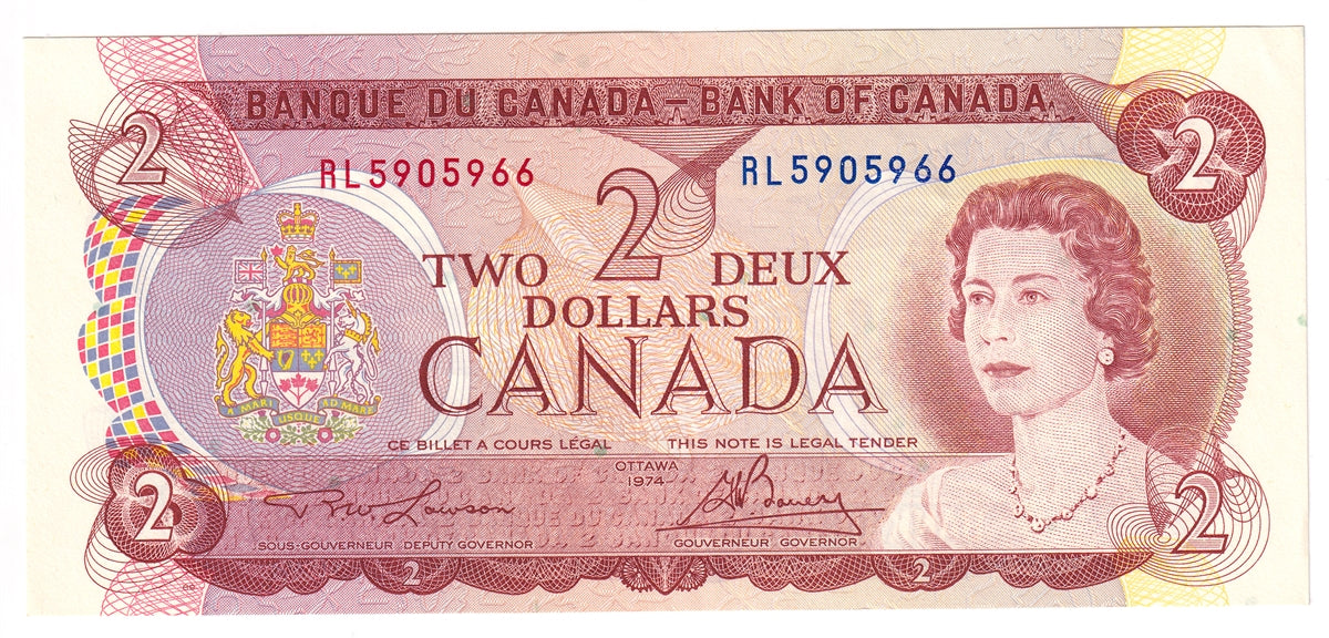 BC-47a 1974 Canada $2 Lawson-Bouey, RL, Almost Uncirculated (AU50)